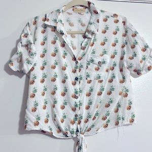 Larger Summer Pineapple Front Tie Button Up Crop Top